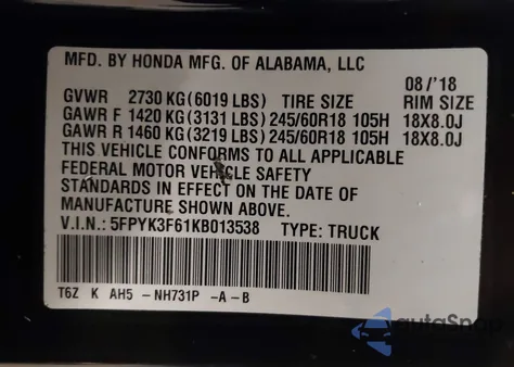 2019 Honda Ridgeline Rtl-T from USA, damaged, VIN 5FPYK3F61KB013538